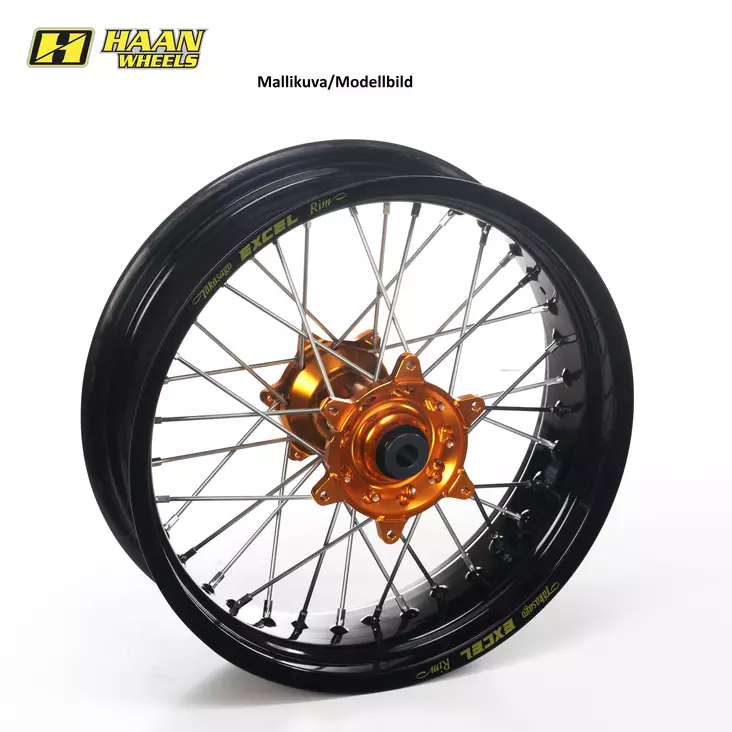 Haan wheel SX&SXF&EXC 95- 17-5,00 BLCK RIM/ORANGE HUB/BLCK SPO/ORANGE NIP - Duell MP varaosat ja tarvikkeet - 63151 - 1