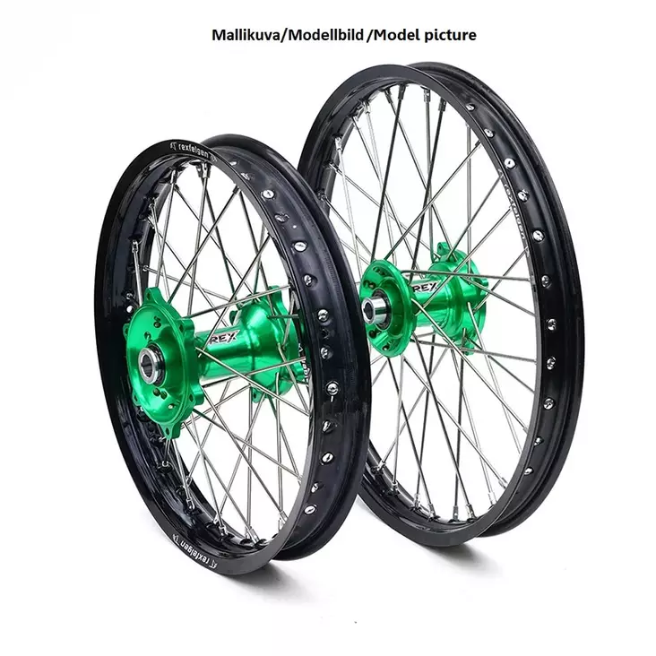 REX WHEELS 21-1,60 KX125/250/KXF250/450 06-18 MUSTA VANNE/VIHREÄ NAPA 20MM - Duell MP varaosat ja tarvikkeet - 63709 - 1